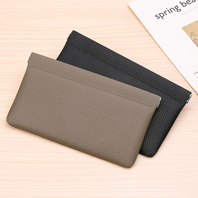Self-Closing Genuine Leather Long Wallet with Zipper Closure - Compact Travel Organizer for Cash, Cards, Passport, Headphones & Cables - Durable Everyday Use Cosmetic Pouch, Minimalist Design, Highquality Stitching
