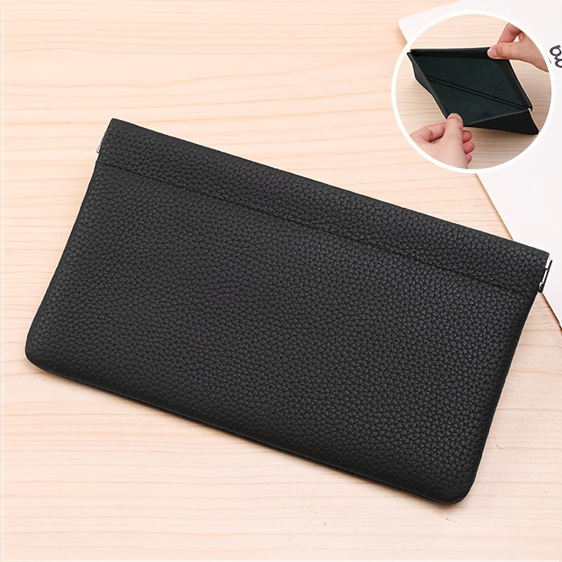 Self-Closing Genuine Leather Long Wallet with Zipper Closure - Compact Travel Organizer for Cash, Cards, Passport, Headphones & Cables - Durable Everyday Use Cosmetic Pouch, Minimalist Design, Highquality Stitching
