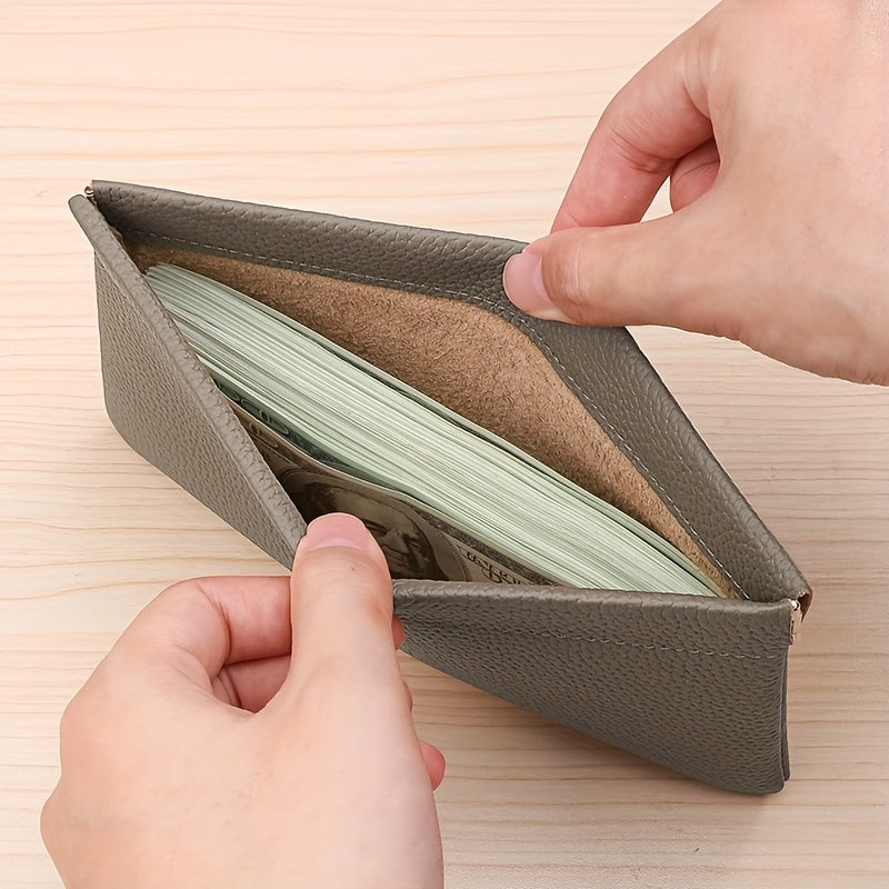 Self-Closing Genuine Leather Long Wallet with Zipper Closure - Compact Travel Organizer for Cash, Cards, Passport, Headphones & Cables - Durable Everyday Use Cosmetic Pouch, Minimalist Design, Highquality Stitching